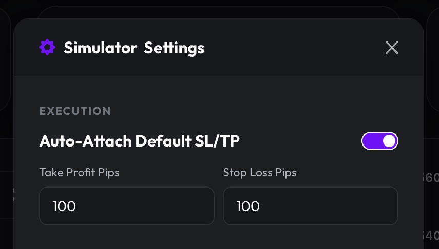 Simulator settings with default take profit and stop loss